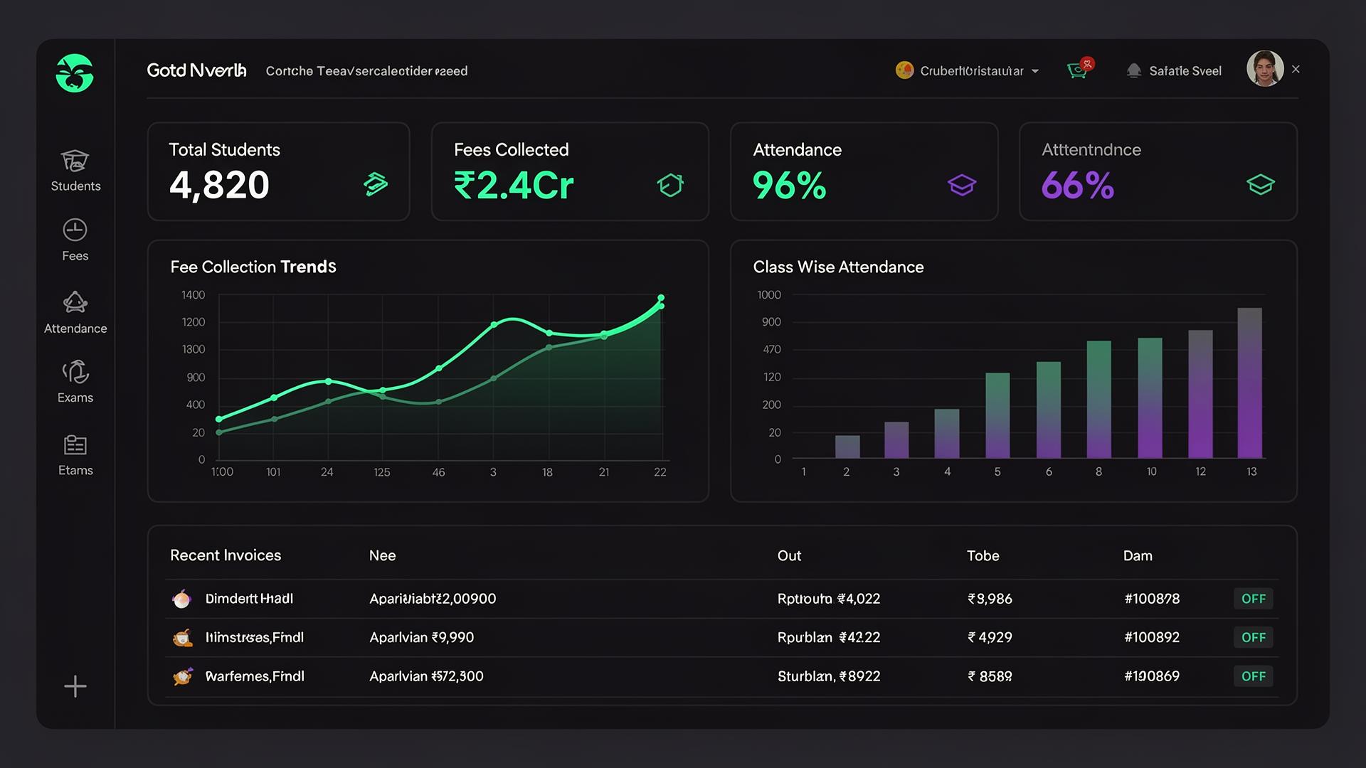 School ERP dashboard showing fee collection and attendance KPIs